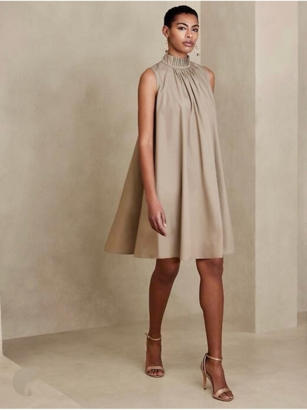 Sleeveless High-Neck, 100% Cotton,  A-Line Dress in Beige
